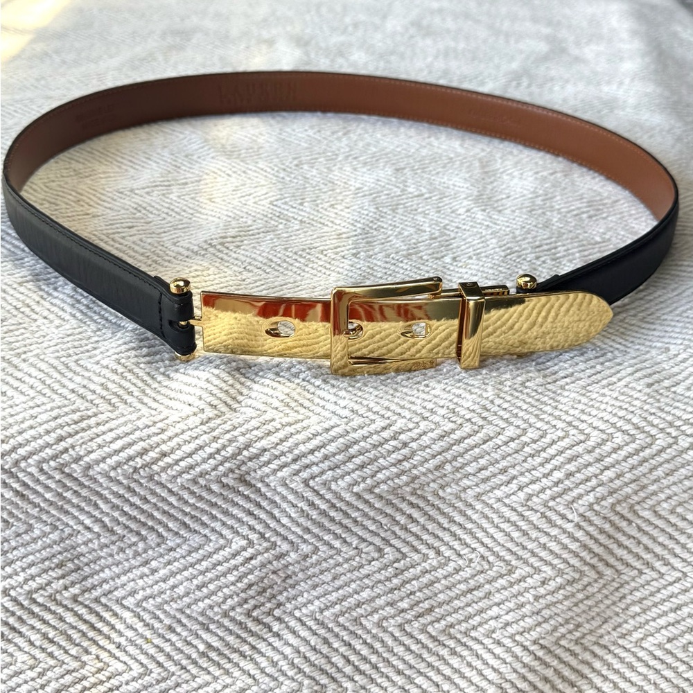 Black Leather Lauren Ralph Lauren letter opener skinny Belt with Gold Buckle